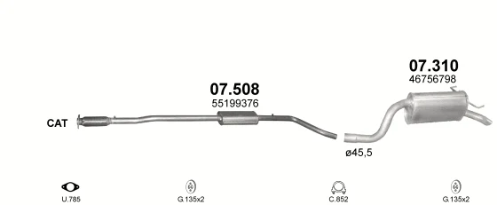 Схема выхлопной системы: Fiat Idea · 1.4 бензин, 2004–2012