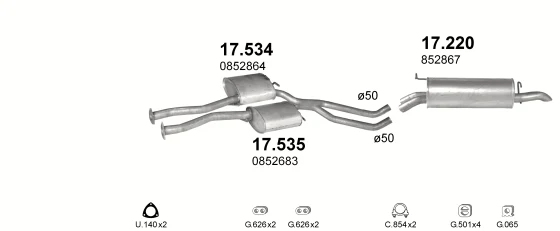 Схема выхлопной системы: Opel Omega A · 2.6 бензин, 1988–1994; 3.0 бензин, 1988–1994
