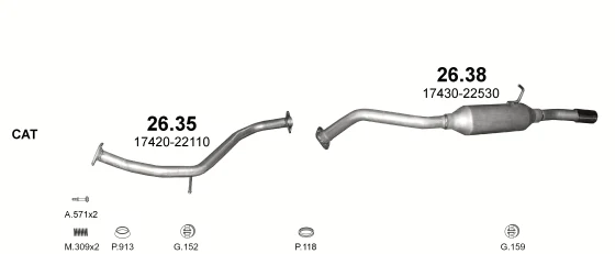 Схема выхлопной системы: Toyota Corolla E12, Toyota Corolla E14, Toyota Corolla E16 · 1.4 бензин, 2007–2013; 1.6 бензин, 2006–2008