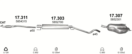 Схема выхлопной системы: Opel Astra H · 1.6 бензин, 2006–2014; 1.8 бензин, 2005–2014
