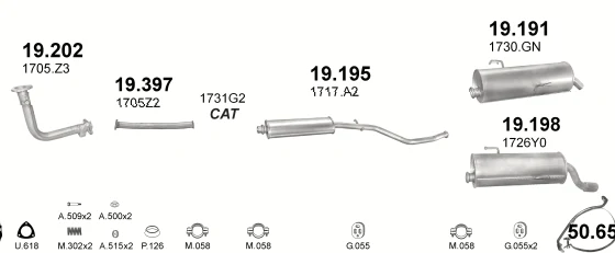 Схема выхлопной системы: Peugeot 206 2AC · 1.6 бензин, 1998–2000