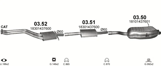Схема выхлопной системы: BMW 3 серии E46 · 2.0 бензин, 1998–2001; 2.5 бензин, 1998–2000; 2.8 бензин, 1998–2000