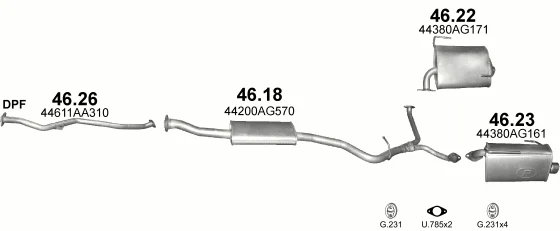 Схема выхлопной системы: Subaru Forester SH, Subaru Legacy V · 2.0 дизель, 2008–2013