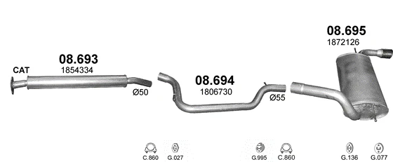 Схема выхлопной системы: Ford Focus III · 1.6 бензин, 2011–2016; 1.5 бензин, 2014–2017