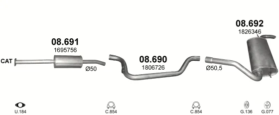 Схема выхлопной системы: Ford Focus III · 1.6 бензин, 2011–2019