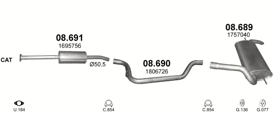 Схема выхлопной системы: Ford Focus III · 1.6 бензин, 2011–2019