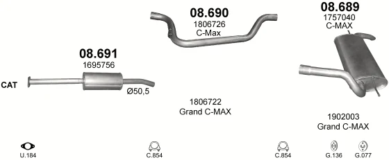 Схема выхлопной системы: Ford C-Max II · 1.6 бензин, 2010–2019