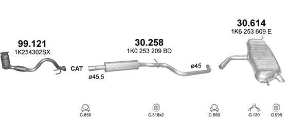 Схема выхлопной системы: VW Golf V · 1.4 бензин, 2003–2006