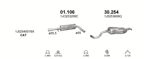 Схема выхлопной системы: VW Bora I · 1.8 бензин, 2000–2005
