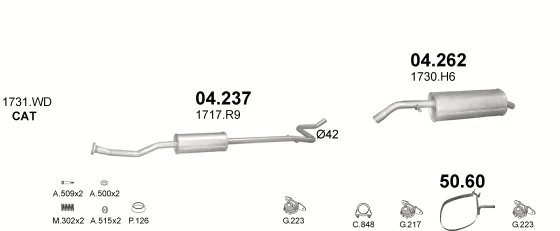 Схема выхлопной системы: Citroen C3 I, Citroen C3 Pluriel HB · 1.4 бензин, 2002–2006; 1.4 бензин, 2003–2009