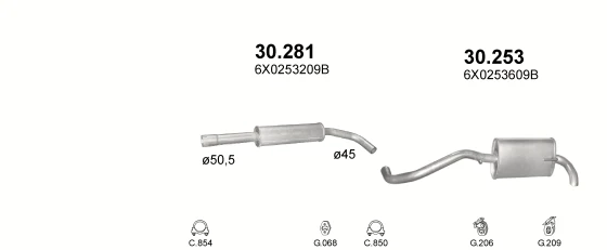 Схема выхлопной системы: VW Lupo I · 1.4 бензин, 1998–2005; 1.4 бензин, 1999–2005