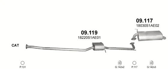 Схема выхлопной системы: Honda Accord VI · 2.3 бензин, 1998–2003; 1.6 бензин, 1998–2003; 2.0 бензин, 1998–2003