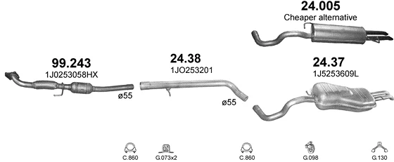 Схема выхлопной системы: VW Bora I, VW Golf IV, Skoda Octavia I, Seat Toledo II · 1.9 дизель, 1998–2005