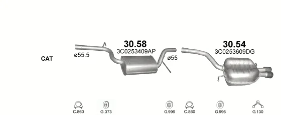 Схема выхлопной системы: VW Passat B6, VW Passat B7, VW Passat CC B6 · 1.8 бензин, 2007–2010; 2.0 бензин, 2005–2010