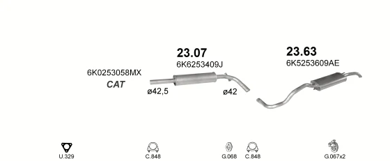 Схема выхлопной системы: Seat Cordoba 6K1 · 1.4 бензин, 1997–1999; 1.4 бензин, 2000–2002; 1.4 бензин, 1996–1999