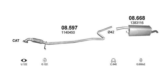 Схема выхлопной системы: Ford Fusion JU · 1.4 бензин, 2002–2012; 1.2 бензин, 2002–2012