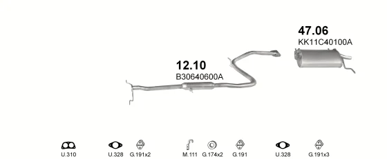 Схема выхлопной системы: Mazda 121 I · 1.1 бензин, 1987–1990; 1.3 бензин, 1987–1990