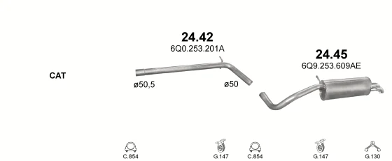 Схема выхлопной системы: Seat Cordoba 6L2, Skoda Fabia I · 1.4 дизель, 2002–2005; 1.9 дизель, 2003–2005; 1.4 дизель, 2005–2009