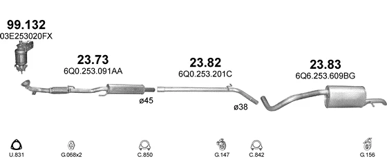 Схема выхлопной системы: Skoda Fabia II, Seat Ibiza III, Seat Ibiza IV, VW Polo IV, VW Polo V · 1.2 бензин, 2006–2014