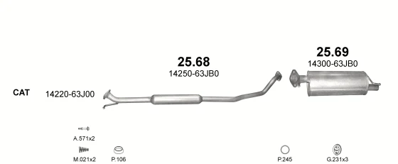 Схема выхлопной системы: Suzuki Swift III · 1.5 бензин, 2005–2010; 1.3 бензин, 2005–2010; 1.3 дизель, 2005–2007