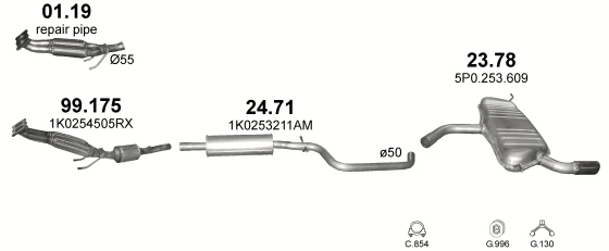 Схема выхлопной системы: Seat Altea 5P1, Seat Leon 1P1 · 1.6 бензин, 2004–2010; 1.6 бензин, с 2009