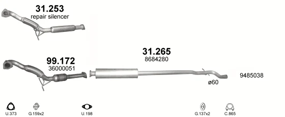 Схема выхлопной системы: Volvo V70 II · 2.5 дизель, 2000–2001