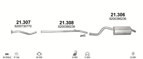 Схема выхлопной системы: Renault Clio II · 1.5 дизель, 2007–2011; 1.5 дизель, 2008–2011; 1.2 бензин, 2007–2011