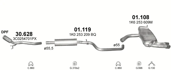 Схема выхлопной системы: Audi A3 8P1 · 1.9 дизель, 2003–2003; 2.0 дизель, 2003–2008