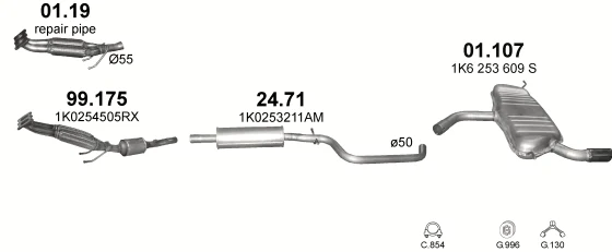 Схема выхлопной системы: Audi A3 8P1 · 1.6 бензин, 2003–2012