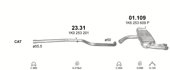 Схема выхлопной системы: Audi A3 8P1 · 1.9 дизель, 2003–2006