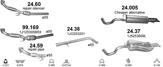 Схема выхлопной системы: VW Bora I, VW Golf IV, Skoda Octavia I, Seat Toledo II · 1.9 дизель, 1998–2005; 1.9 дизель, 2000–2005