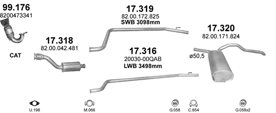 Схема выхлопной системы: Renault Clio II, Nissan Primastar X83, Opel Vivaro A · 1.9 дизель, 2001–2006